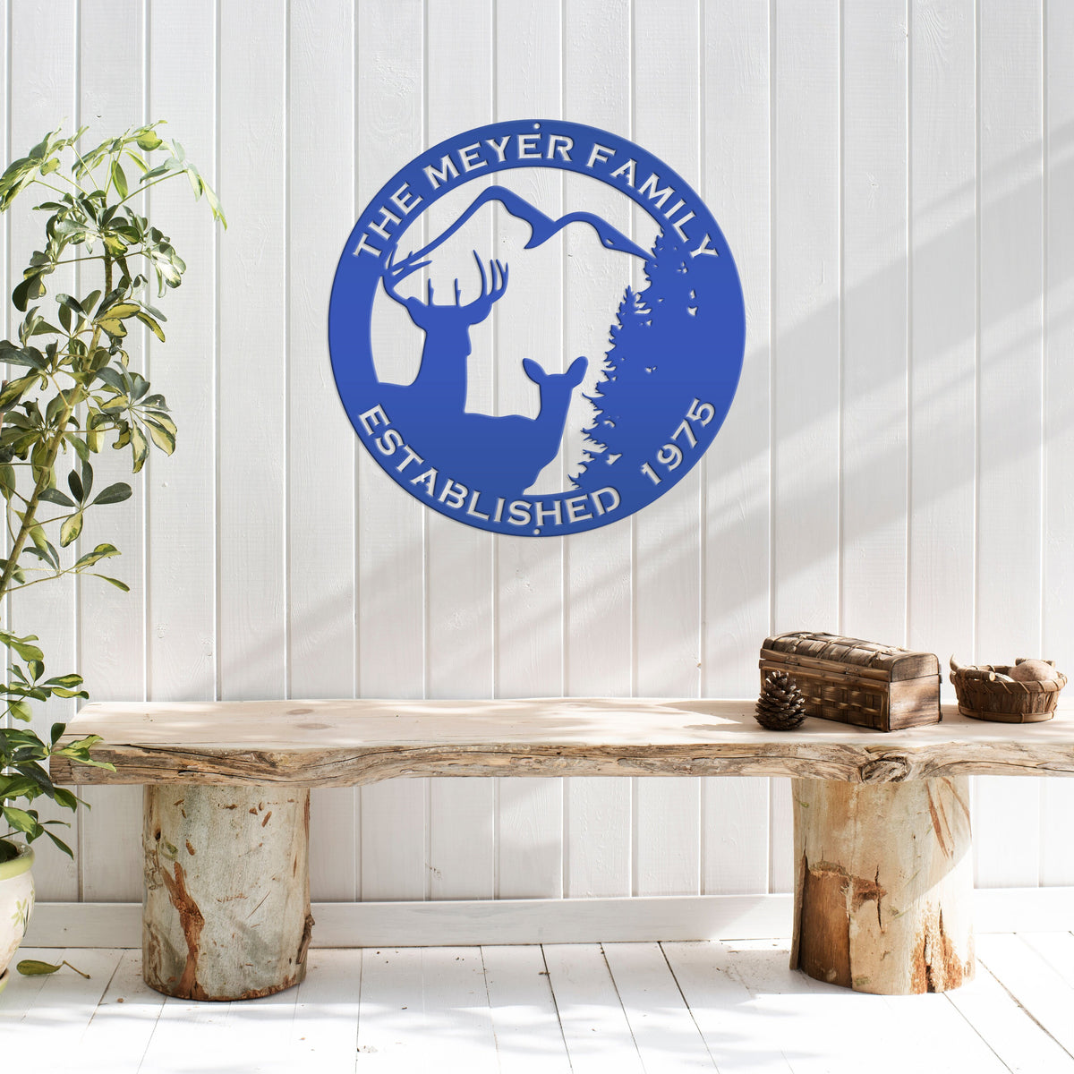 Personalized Family Name Outdoor Deer Scene with Established Date Round Metal Sign