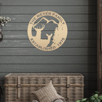 Personalized Family Name Outdoor Deer Scene with Established Date Round Metal Sign