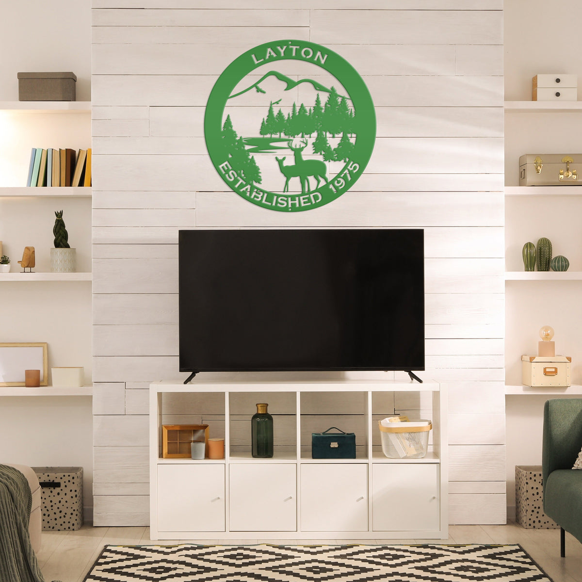Personalized Family Name Outdoor Mountain Deer Scene with Established Date Round Metal Sign