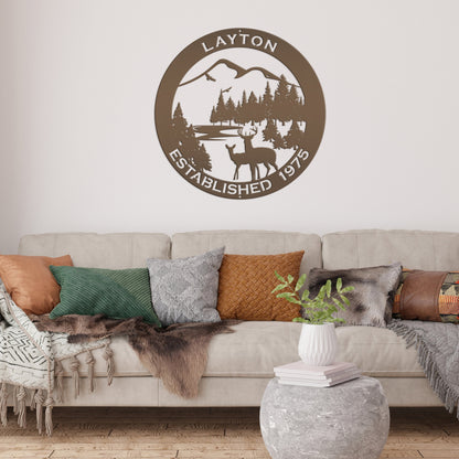 Personalized Family Name Outdoor Mountain Deer Scene with Established Date Round Metal Sign