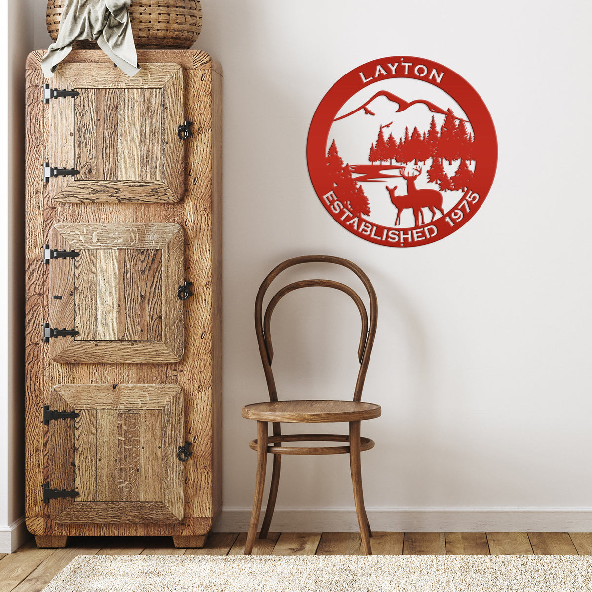 Personalized Family Name Outdoor Mountain Deer Scene with Established Date Round Metal Sign