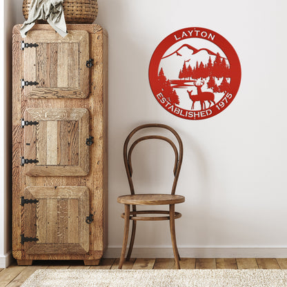 Personalized Family Name Outdoor Mountain Deer Scene with Established Date Round Metal Sign