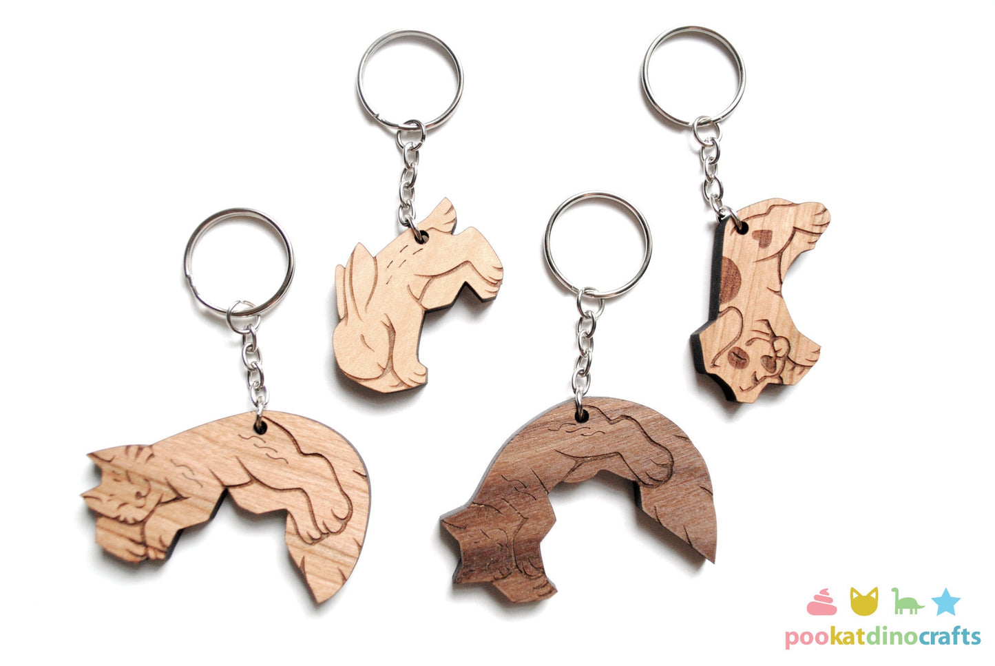Interlocking Wooden Animal Keychains - Cat, Dog, Rabbit Friendship Set