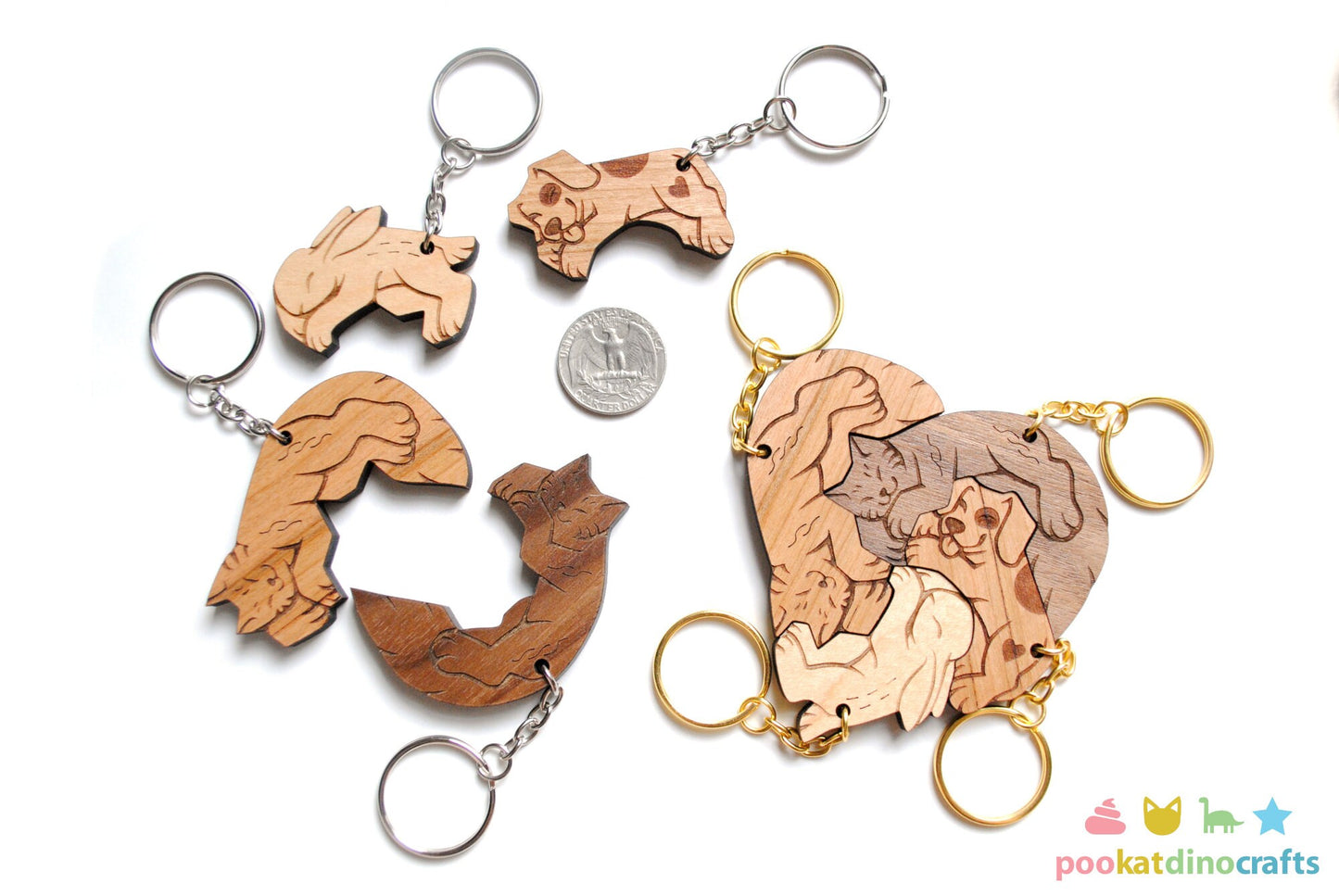 Interlocking Wooden Animal Keychains - Cat, Dog, Rabbit Friendship Set