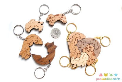 Interlocking Wooden Animal Keychains - Cat, Dog, Rabbit Friendship Set