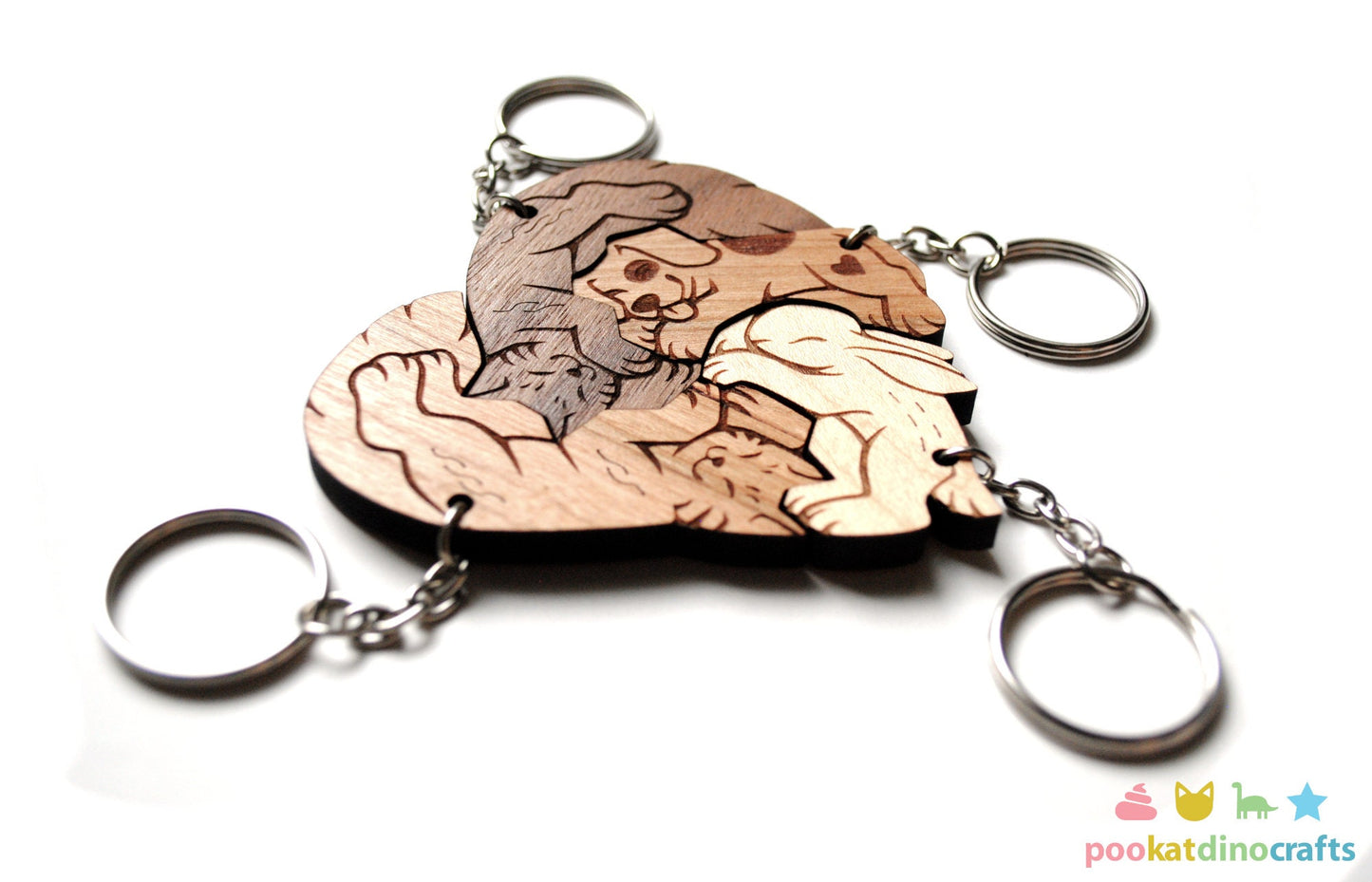 Interlocking Wooden Animal Keychains - Cat, Dog, Rabbit Friendship Set