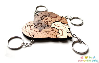 Interlocking Wooden Animal Keychains - Cat, Dog, Rabbit Friendship Set