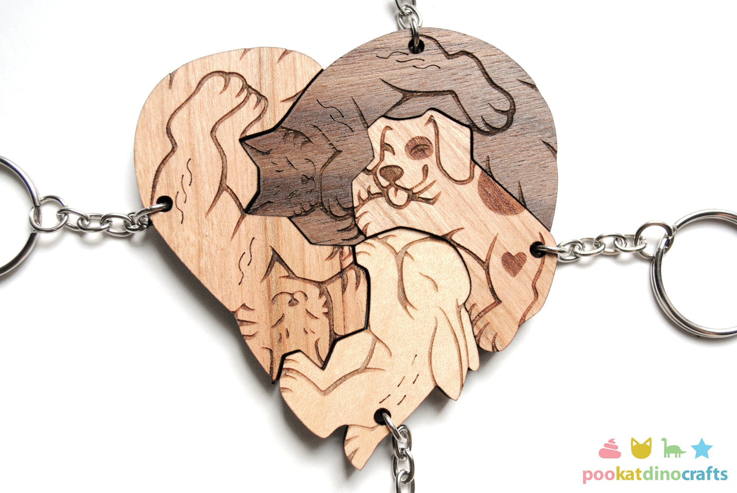 Interlocking Wooden Animal Keychains - Cat, Dog, Rabbit Friendship Set