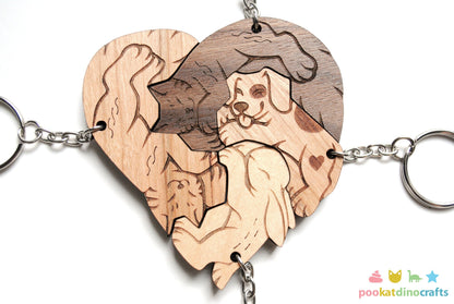 Interlocking Wooden Animal Keychains - Cat, Dog, Rabbit Friendship Set