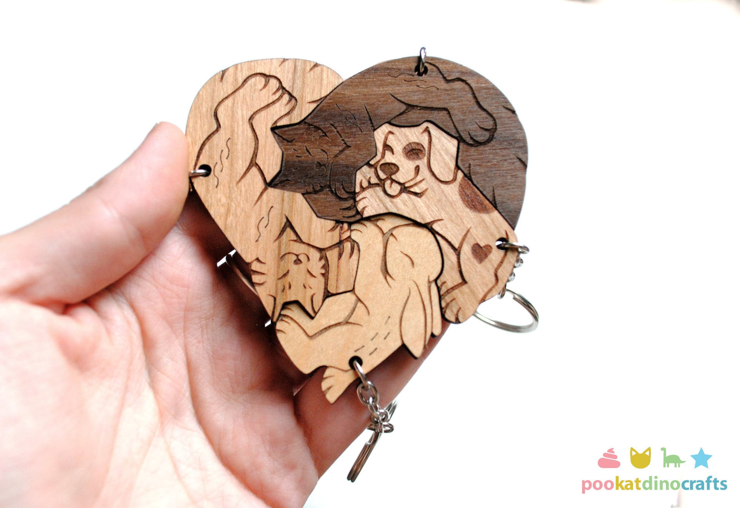 Interlocking Wooden Animal Keychains - Cat, Dog, Rabbit Friendship Set