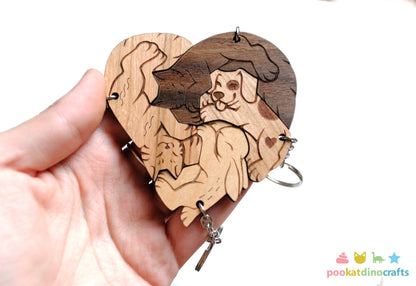 Interlocking Wooden Animal Keychains - Cat, Dog, Rabbit Friendship Set