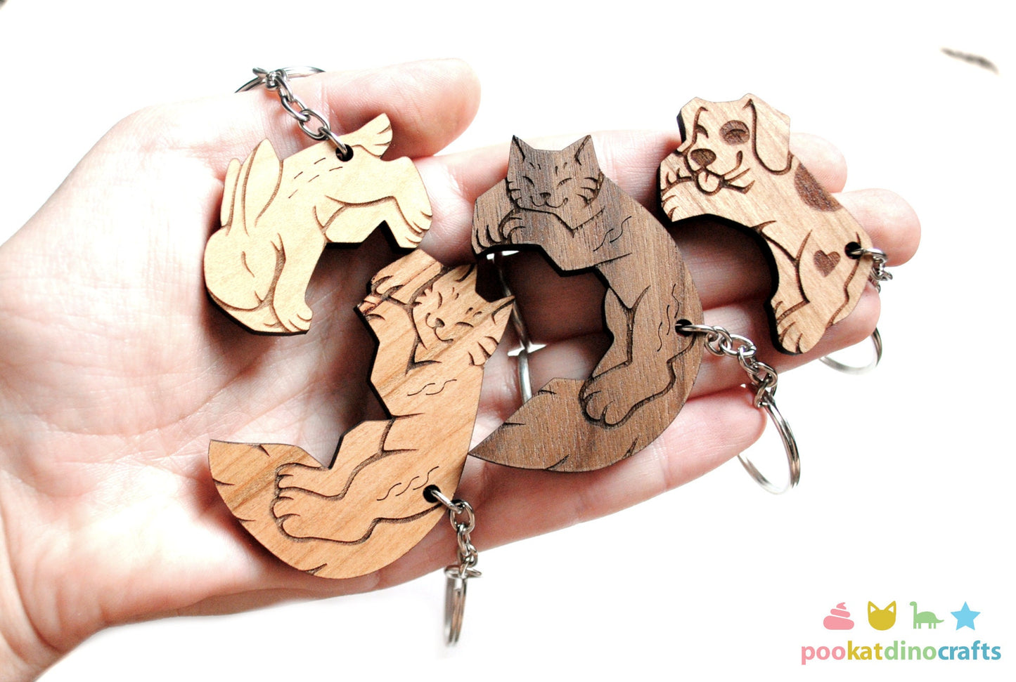 Interlocking Wooden Animal Keychains - Cat, Dog, Rabbit Friendship Set