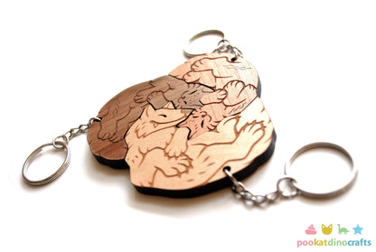 Interlocking Wolf and Cat Trio Keychains - Family, Friendship, Poly Relationship couple keychain set