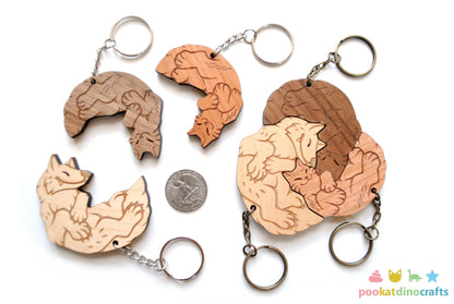 Interlocking Wolf and Cat Trio Keychains - Family, Friendship, Poly Relationship couple keychain set