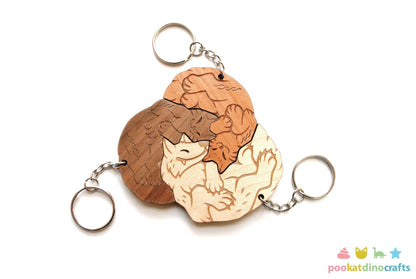 Interlocking Wolf and Cat Trio Keychains - Family, Friendship, Poly Relationship couple keychain set