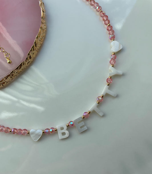 Custom name necklace toddler, gift for little girl, mother of Pearl initial name necklace, bright beaded necklace, colorful gift for kids