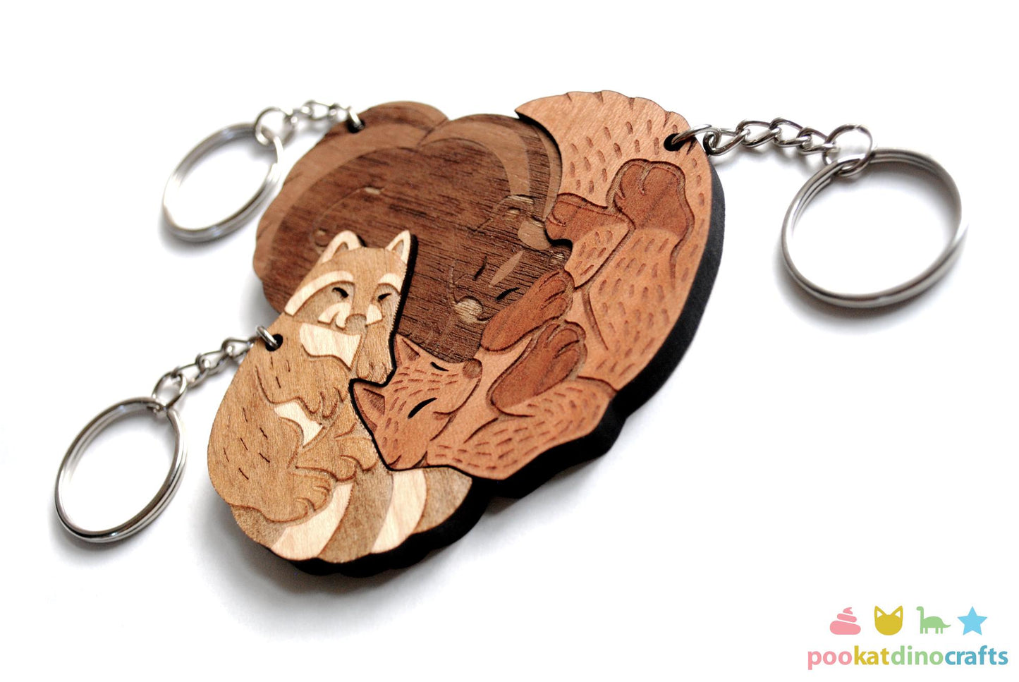 Interlocking Forest Friends Keychain Set - Skunk, Raccoon, Fox Trio