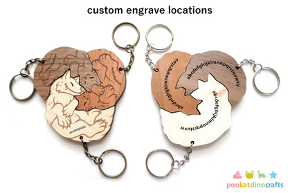 Interlocking Wolf and Cat Trio Keychains - Family, Friendship, Poly Relationship couple keychain set
