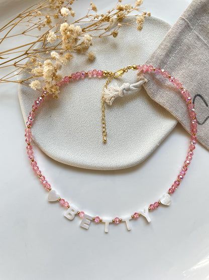 Custom name necklace toddler, gift for little girl, mother of Pearl initial name necklace, bright beaded necklace, colorful gift for kids