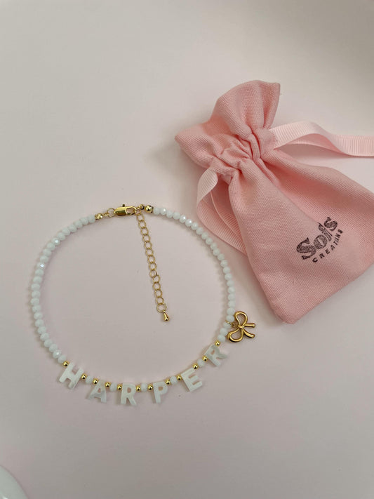 Custom name necklace for kids, personalized necklace for little girls, mother of Pearl name lecklace, kids handmade necklaces, gift for girl