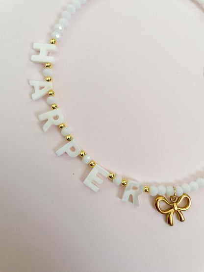 Custom name necklace for kids, personalized necklace for little girls, mother of Pearl name lecklace, kids handmade necklaces, gift for girl
