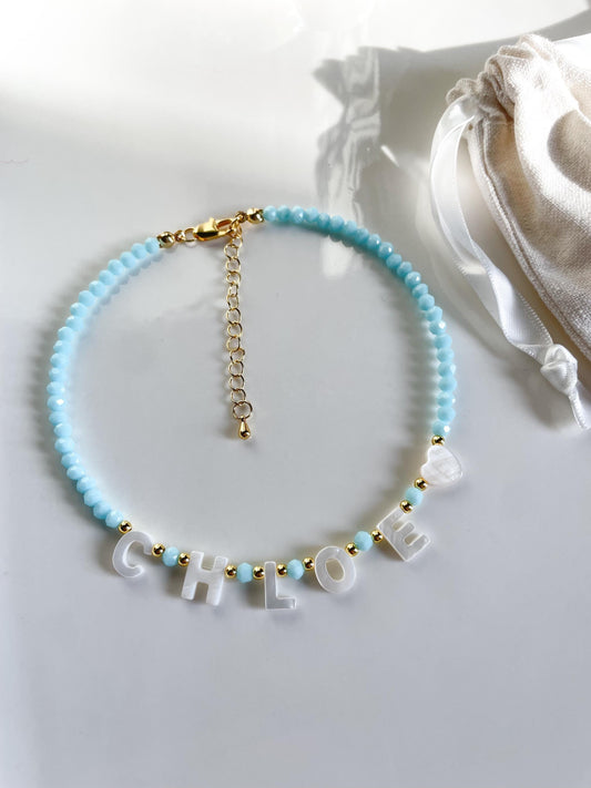 Blue name necklace for toddlers, mother of Pearl letter name necklace, kids handmade necklaces, gift for little girls, kids birthday gift