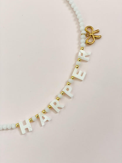Custom name necklace for kids, personalized necklace for little girls, mother of Pearl name lecklace, kids handmade necklaces, gift for girl