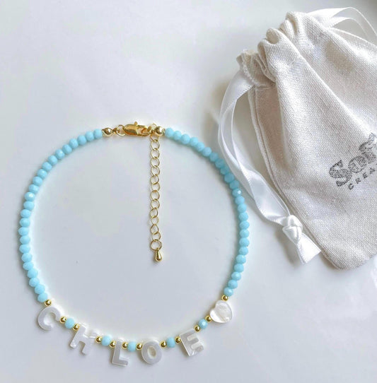 Blue name necklace for toddlers, mother of Pearl letter name necklace, kids handmade necklaces, gift for little girls, kids birthday gift
