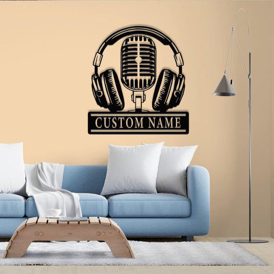 Personalized Music Audio Studio Metal Sign Wall Art| Custom Microphone Headphones Name Sign wall |Home Decoration Musical Musician Room Home