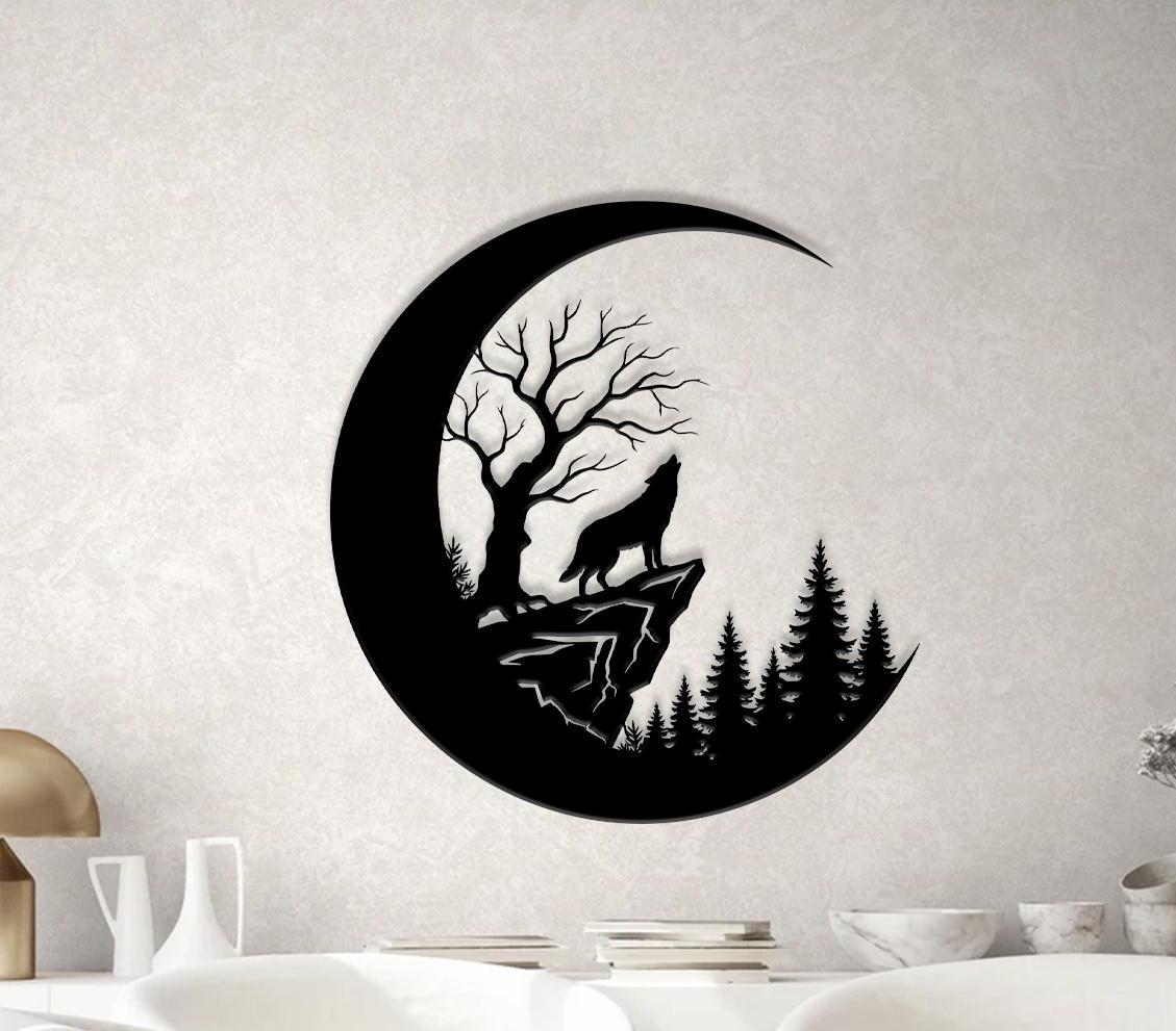 Wolf On The Moon Metal Sign Wall Art Howling Wolf Sign Home Decor Kid Boy Girl Nursery Decoration Christmas Home Gift for dad,Metal Wall art