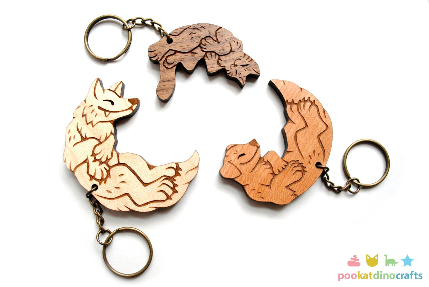 Interlocking Wolf, Cat, and Dog Keychains - Family, Friendship, Poly Relationship couple keychain set