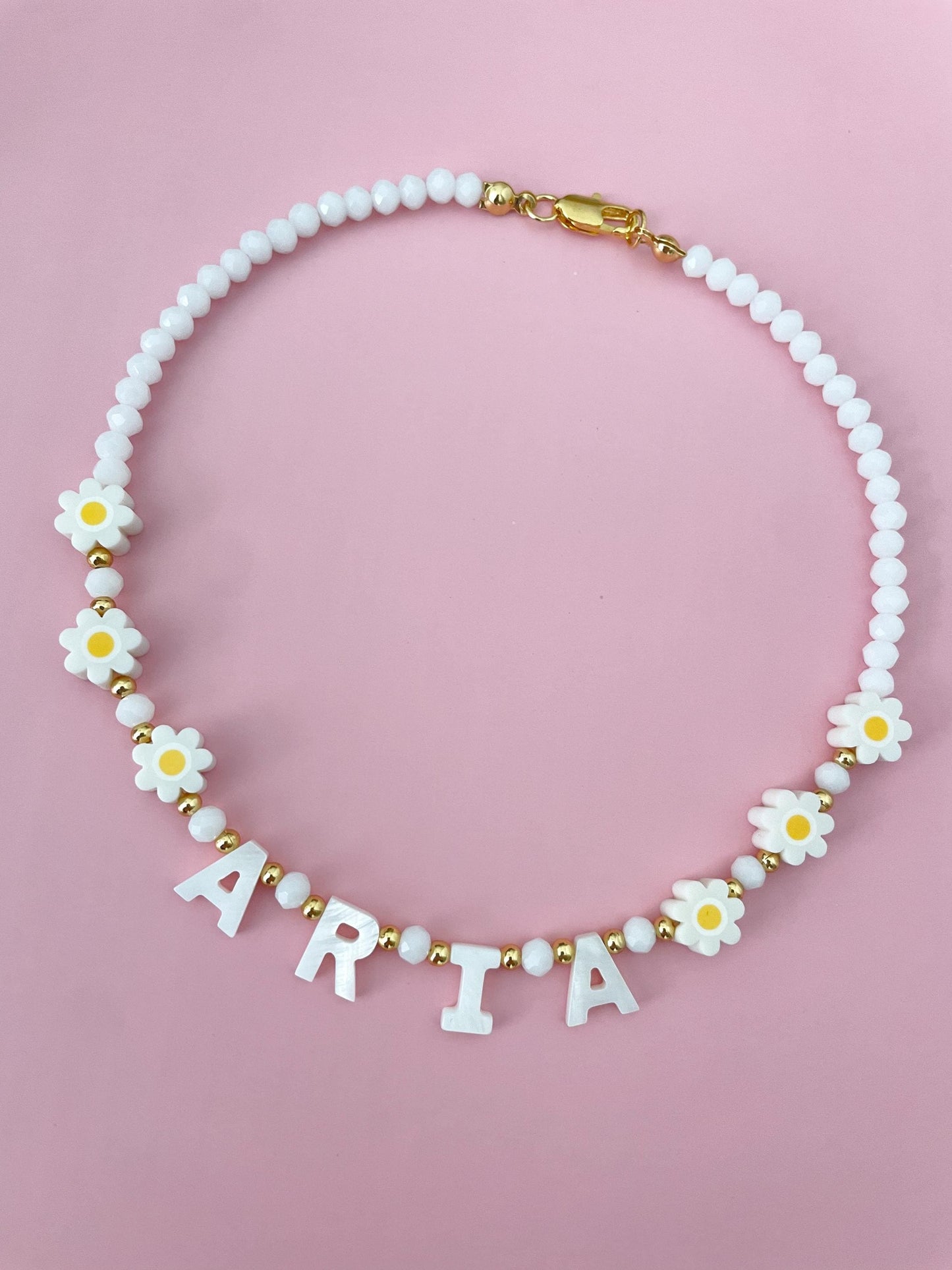 Daisy Custom name necklace, mother of Pearl name necklace, beaded name necklace, gift for toddlers, birthday gift for kids, flower girl gift