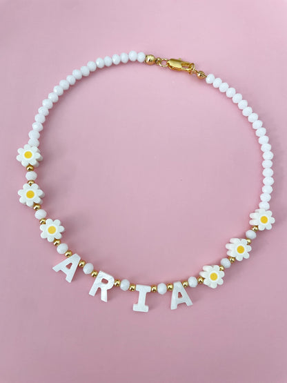 Daisy Custom name necklace, mother of Pearl name necklace, beaded name necklace, gift for toddlers, birthday gift for kids, flower girl gift