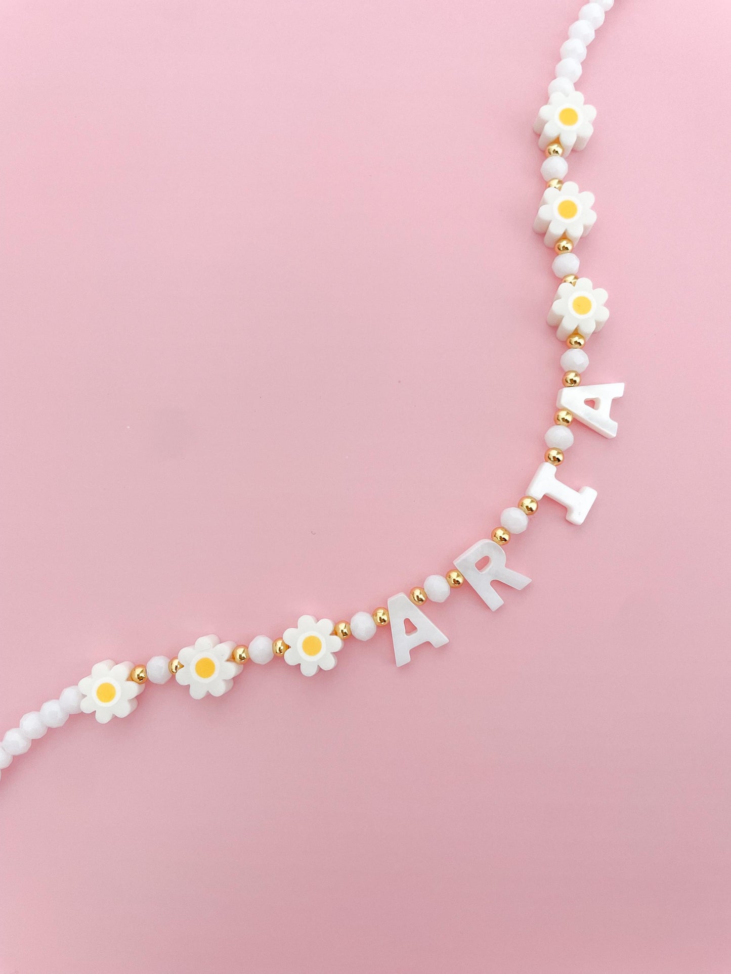 Daisy Custom name necklace, mother of Pearl name necklace, beaded name necklace, gift for toddlers, birthday gift for kids, flower girl gift