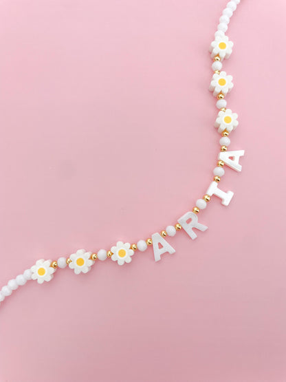 Daisy Custom name necklace, mother of Pearl name necklace, beaded name necklace, gift for toddlers, birthday gift for kids, flower girl gift