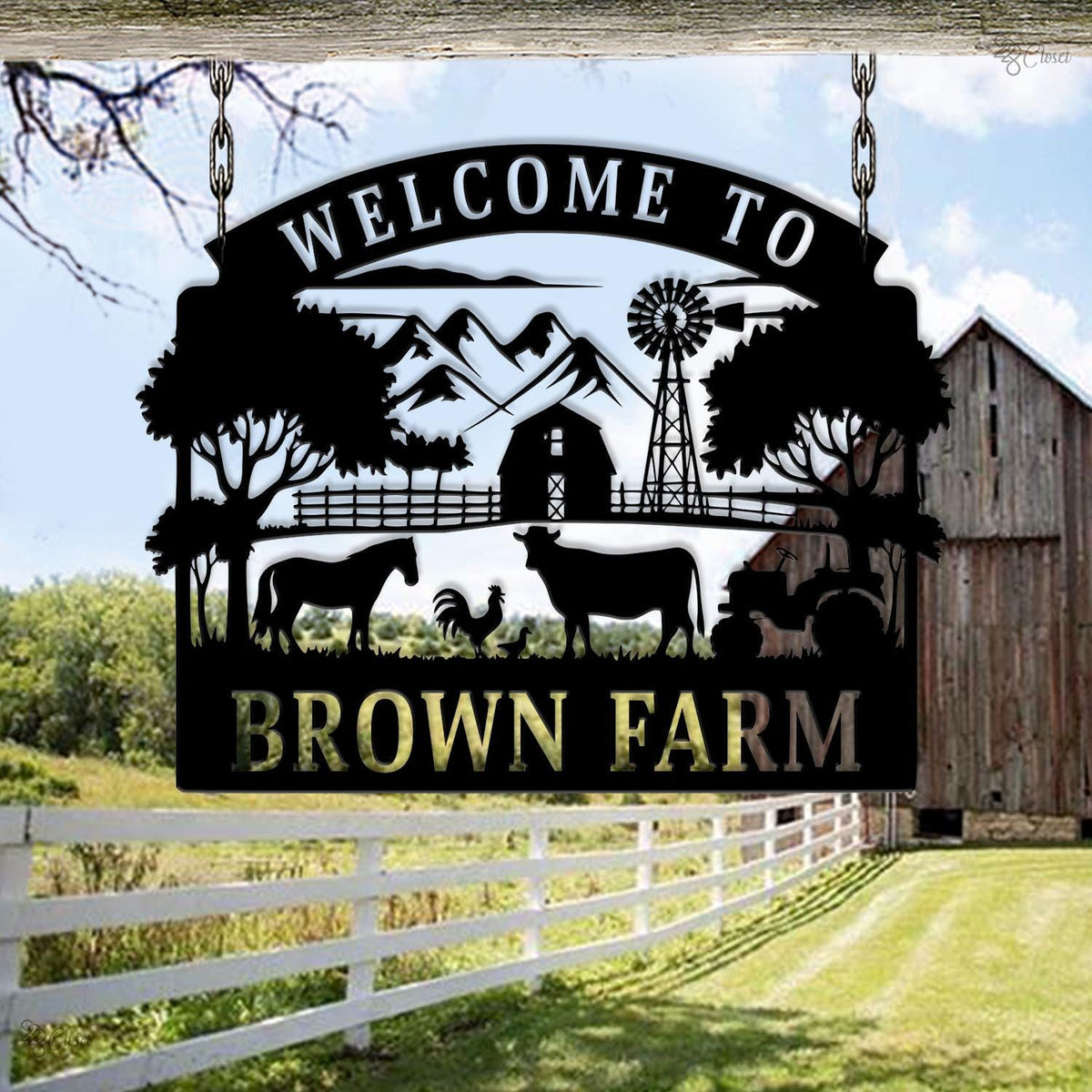 Custom Barn Scene with Animal, Farmhouse Welcome Sign, Personalized Barn Farm Sign, Farmhouse wall art, Tractor wall sign, Gift for farm