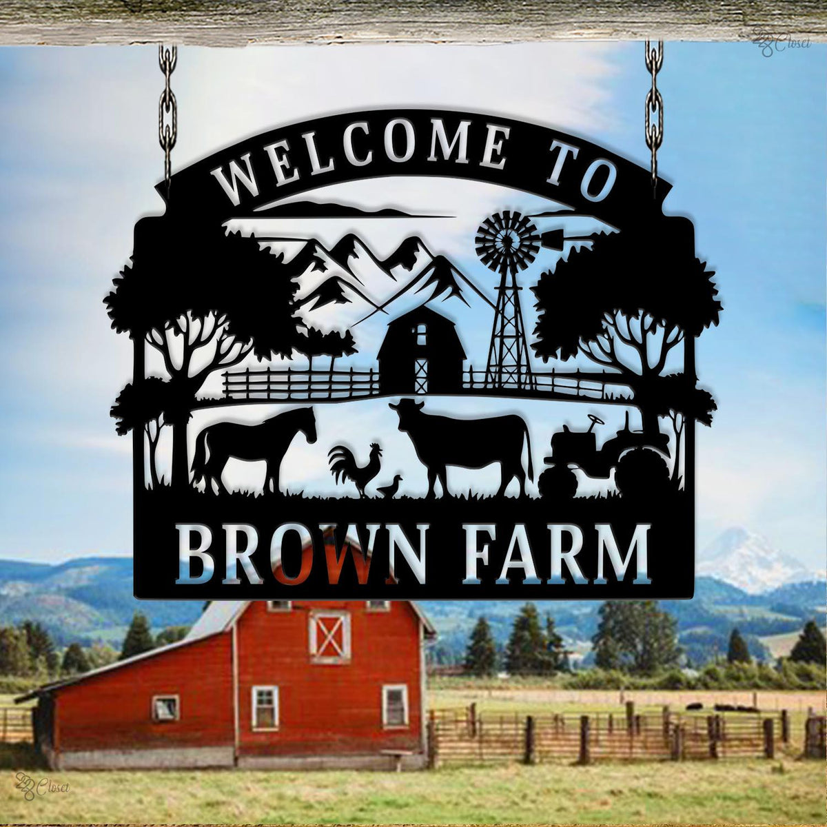 Custom Barn Scene with Animal, Farmhouse Welcome Sign, Personalized Barn Farm Sign, Farmhouse wall art, Tractor wall sign, Gift for farm