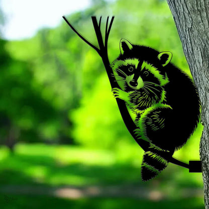 Cute Raccoon Metal Wall Art, Outdoor Forest Animal, Tree Climbing Decor, Metal Raccoon Tree Decor, Climbing Raccoon Metal Sign, Home Gift