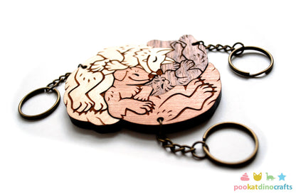 Interlocking Wolf, Cat, and Dog Keychains - Family, Friendship, Poly Relationship couple keychain set