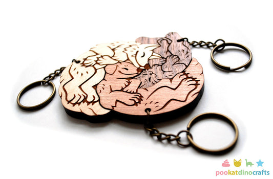 Interlocking Wolf, Cat, and Dog Keychains - Family, Friendship, Poly Relationship couple keychain set