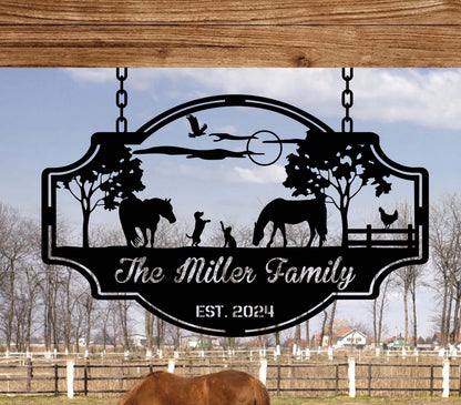 Custom Farm Family Sign, Personalized Metal Ranch Sign, Horses and Animal Metal, Farmhouse Family Name Sign, Gift for farm, Horse lover gift