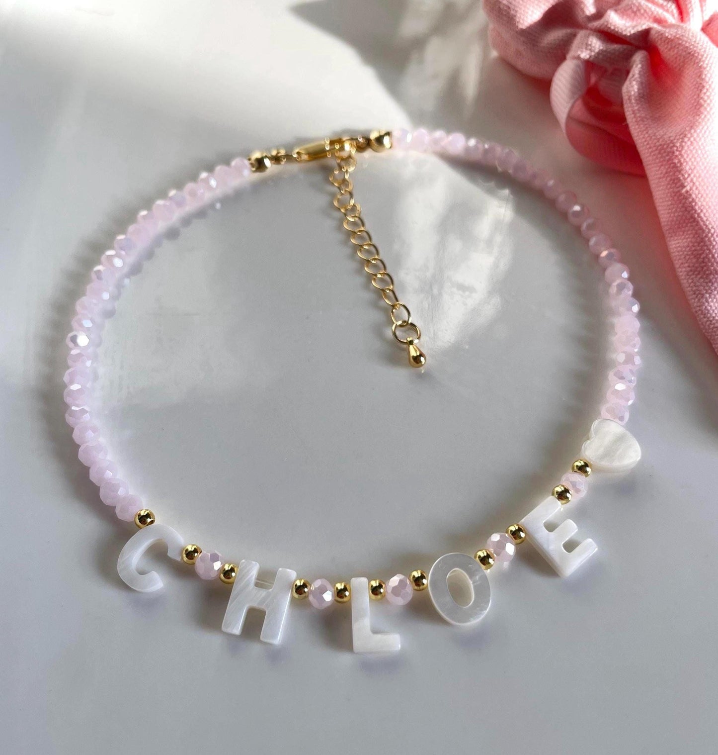Pink Custom name necklace, mother of Pearl name necklace, beaded name necklace, birthday gift for little girls, Christmas gift for kids