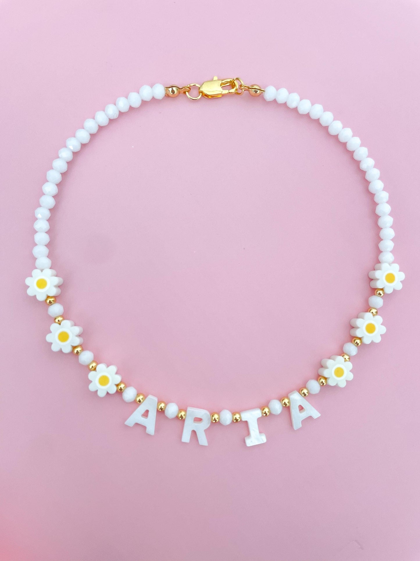Daisy Custom name necklace, mother of Pearl name necklace, beaded name necklace, gift for toddlers, birthday gift for kids, flower girl gift