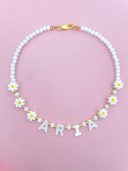 Daisy Custom name necklace, mother of Pearl name necklace, beaded name necklace, gift for toddlers, birthday gift for kids, flower girl gift