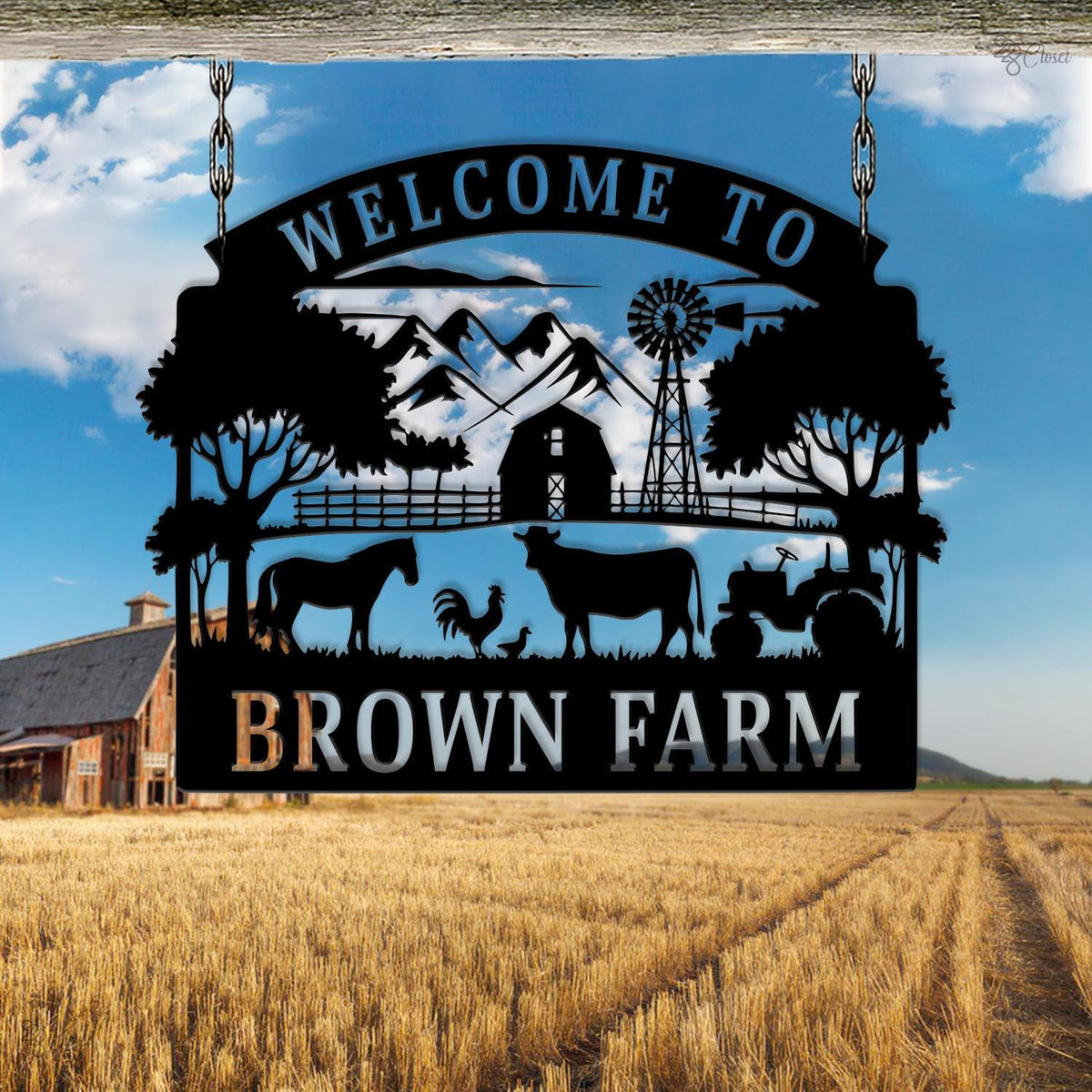 Custom Barn Scene with Animal, Farmhouse Welcome Sign, Personalized Barn Farm Sign, Farmhouse wall art, Tractor wall sign, Gift for farm