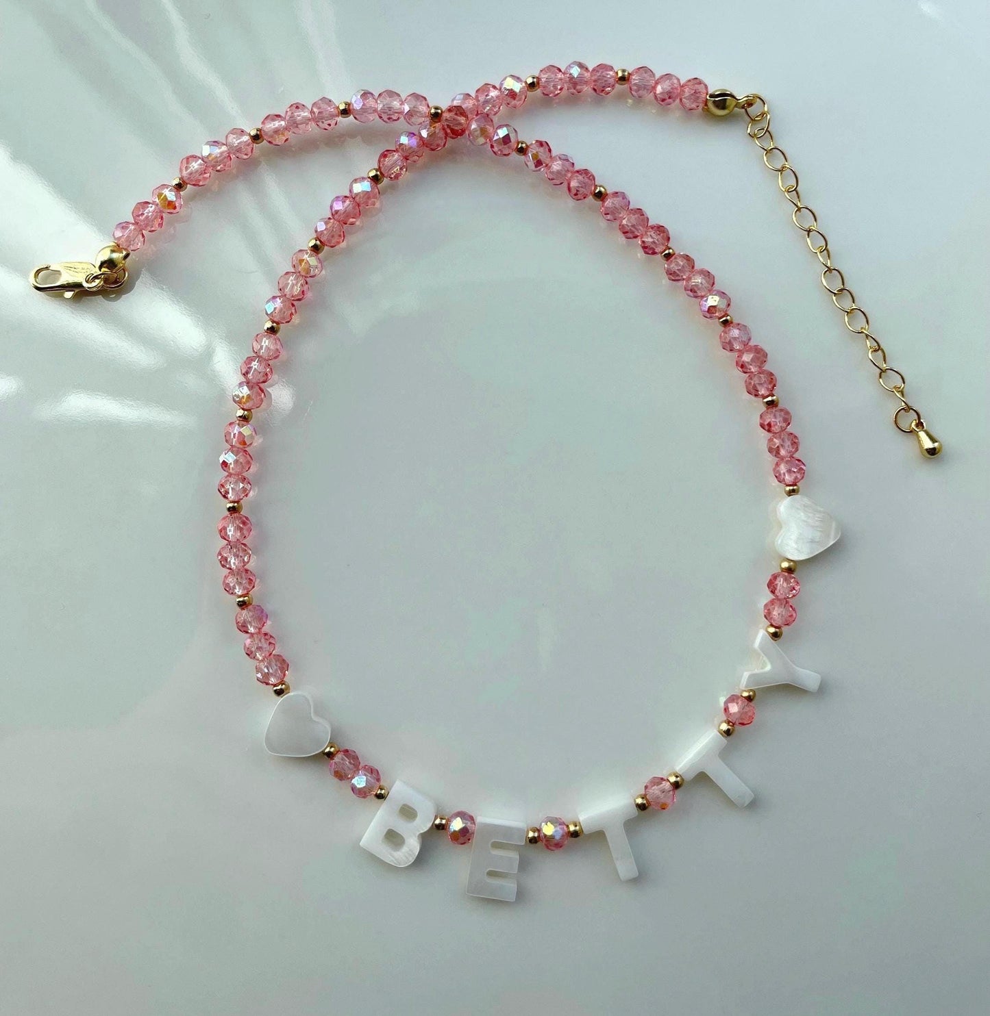 Custom name necklace toddler, gift for little girl, mother of Pearl initial name necklace, bright beaded necklace, colorful gift for kids