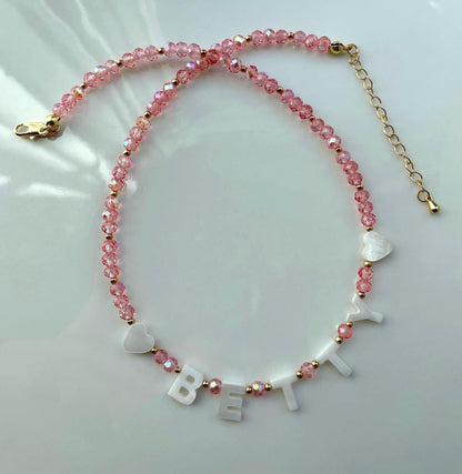 Custom name necklace toddler, gift for little girl, mother of Pearl initial name necklace, bright beaded necklace, colorful gift for kids