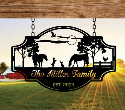 Custom Farm Family Sign, Personalized Metal Ranch Sign, Horses and Animal Metal, Farmhouse Family Name Sign, Gift for farm, Horse lover gift