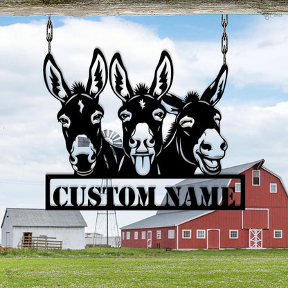 Funny Donkey Sign, Custom Donkey Name Sign, 3 Donkeys Hanging Metal Sign, Farm Animal Gift, Barnyard animal art, Name sign donkey, Farm sign
