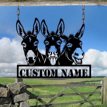 Funny Donkey Sign, Custom Donkey Name Sign, 3 Donkeys Hanging Metal Sign, Farm Animal Gift, Barnyard animal art, Name sign donkey, Farm sign